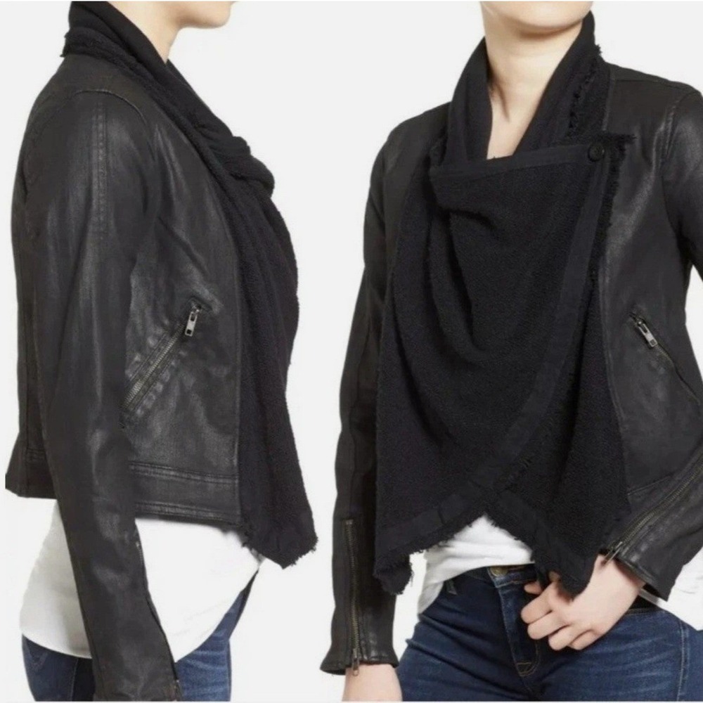 Free People Waxed Denim Drape Front Moto Jacket Black Moto Size 2